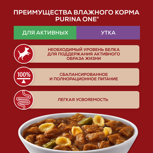 Корм влажный для взрослых собак PURINA ONE Мини для мелких и карликовых пород с активным образом жизни, с уткой, пастой и стручковой фасолью в подливе, 85г, детальное фото
