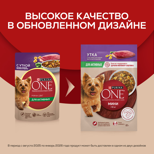 Корм влажный для взрослых собак PURINA ONE Мини для мелких и карликовых пород с активным образом жизни, с уткой, пастой и стручковой фасолью в подливе, 85г, детальное фото