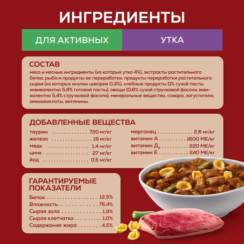 Корм влажный для взрослых собак PURINA ONE Мини для мелких и карликовых пород с активным образом жизни, с уткой, пастой и стручковой фасолью в подливе, 85г, фотография