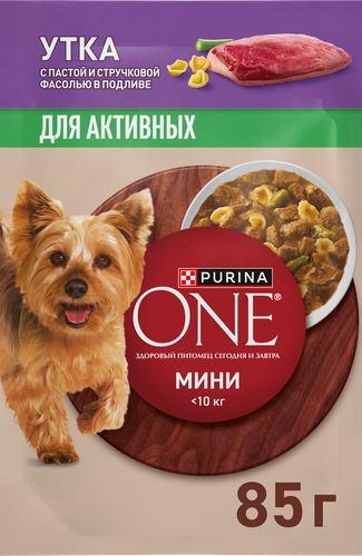 Корм влажный для взрослых собак PURINA ONE Мини для мелких и карликовых пород с активным образом жизни, с уткой, пастой и стручковой фасолью в подливе, 85г, картинка