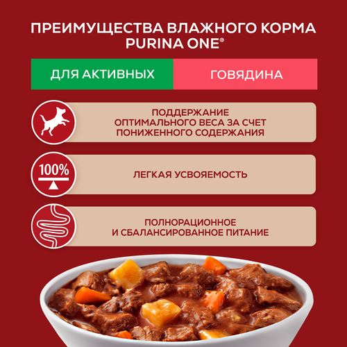 Корм влажный для взрослых собак PURINA ONE Мини для мелких и карликовых пород с активным образом жизни, с говядиной, картофелем и морковью в подливе, 85г, вид