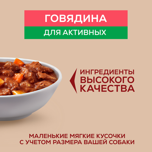 Корм влажный для взрослых собак PURINA ONE Мини для мелких и карликовых пород с активным образом жизни, с говядиной, картофелем и морковью в подливе, 85г, фото