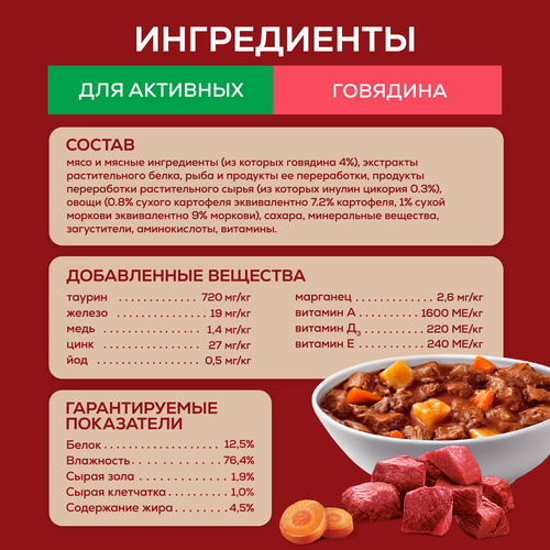 Корм влажный для взрослых собак PURINA ONE Мини для мелких и карликовых пород с активным образом жизни, с говядиной, картофелем и морковью в подливе, 85г, вид