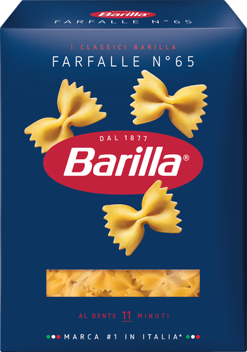 Макароны BARILLA Farfalle n.65 из твердых сортов пшеницы группа А высший сорт, 400г, крупный план