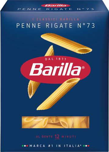 Макароны BARILLA Penne Rigate n.73 из твердых сортов пшеницы группа А высший сорт, 450г, крупный план