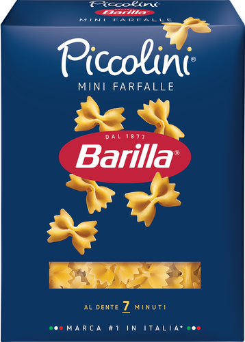 Макароны BARILLA Mini Farfalle n.64 из твердых сортов пшеницы группа А высший сорт, 400г, крупный план