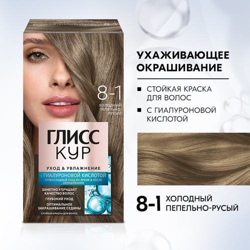Краска для волос ГЛИСС КУР Уход&Увлажнение 8–1 Холодный пепельно-русый, 165мл, вид
