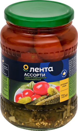 Ассорти ЛЕНТА корнишоны и томаты черри маринованные, 720мл, крупный план
