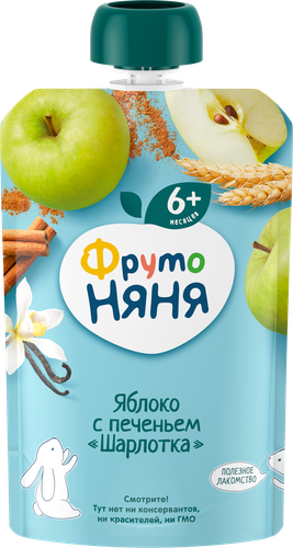 Пюре фруктовое ФРУТОНЯНЯ Шарлотка, яблоко, с печеньем, с 6 месяцев, 90г, картинка