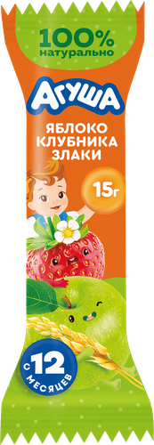 Батончик фруктово-злаковый детский АГУША Яблоко, клубника и злаки, с 12 месяцев, 15г, фотография