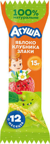 Батончик фруктово-злаковый детский АГУША Яблоко, клубника и злаки, с 12 месяцев, 15г, вид