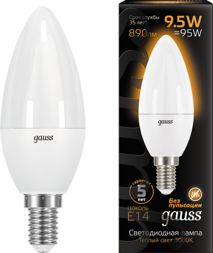 Лампа светодиодная GAUSS Blk E14 9.5Вт теплый, свеча, фотография