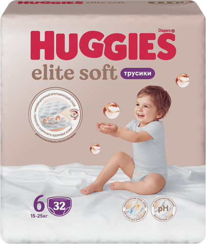 Подгузники-трусики HUGGIES Elite Soft 6 15–25кг, 32шт, крупный план