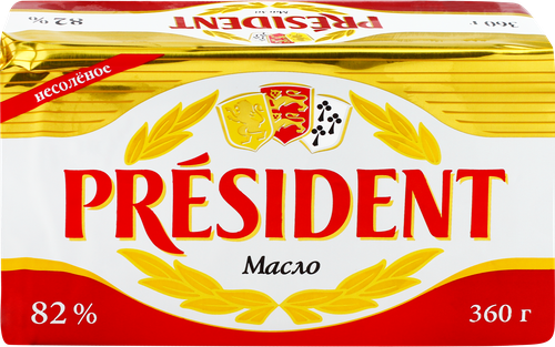 Масло кислосливочное PRESIDENT несоленое 82% высший сорт, без змж, 360г, изображение