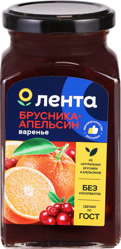 Варенье ЛЕНТА Брусника, апельсин, 370г, крупный план