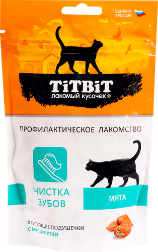 Лакомство для кошек TITBIT Хрустящие подушечки с мясом утки, для чистки зубов, 60г, изображение
