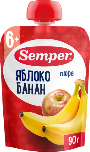 Пюре фруктовое SEMPER Яблоко, банан, с витамином С, с 6 месяцев, 90г, фото