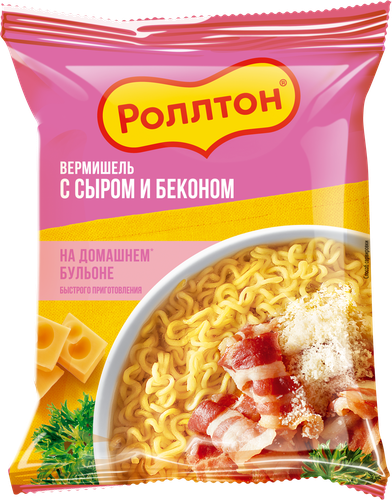Вермишель РОЛЛТОН На домашнем бульоне с сыром и беконом, 60г, крупный план