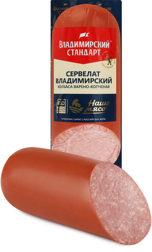 Колбаса копчено-вареная ВЛАДИМИРСКИЙ СТАНДАРТ Сервелат Владимирский категория В, 350г, крупный план