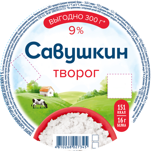 Творог САВУШКИН Хуторок 9%, без змж, 300г, крупный план
