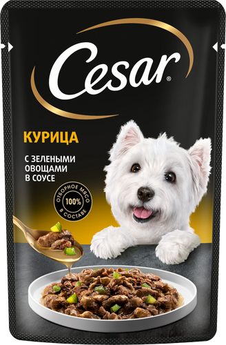 Корм влажный для взрослых собак CESAR с курицей и зелеными овощами в соусе, 85г, фото