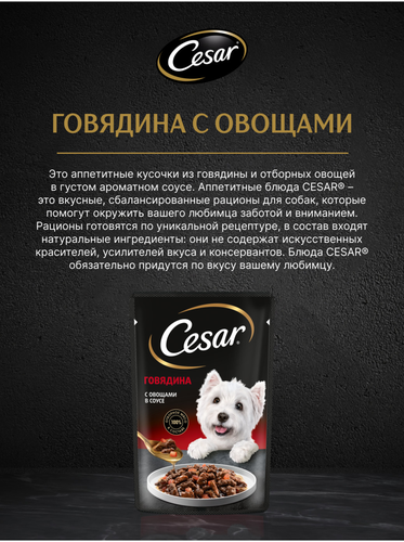 Корм влажный для взрослых собак CESAR с говядиной и овощами в соусе, 85г, вид