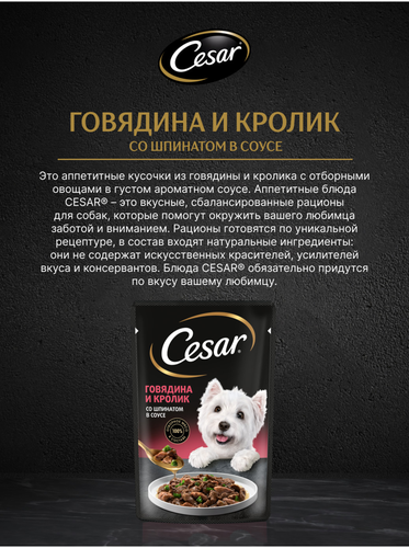 Корм влажный для взрослых собак CESAR с говядиной, кроликом и шпинатом в соусе, 85г, картинка