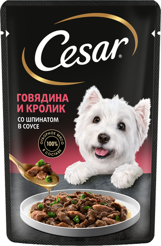 Корм влажный для взрослых собак CESAR с говядиной, кроликом и шпинатом в соусе, 85г, картинка