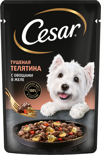 Корм влажный для взрослых собак CESAR с тушеной телятиной и овощами в желе, 85г, крупный план