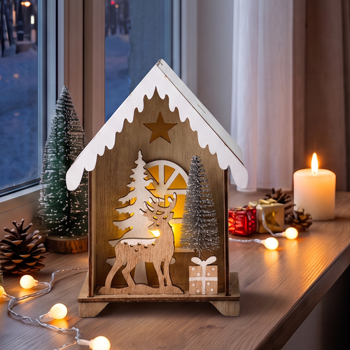 Фигура декоративная Homeclub лес, Композиция в домике, с LED-подсветкой, 16см, вид