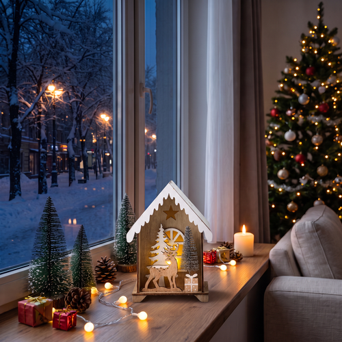 Фигура декоративная Homeclub лес, Композиция в домике, с LED-подсветкой, 16см, вид