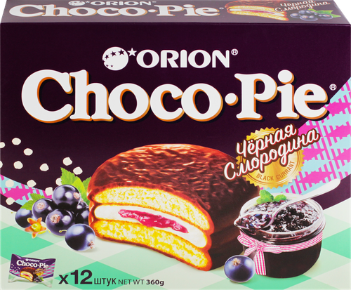 Пирожное ORION Choco Pie черная смородина, 360г, крупный план