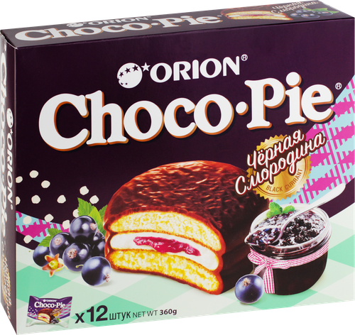 Пирожное ORION Choco Pie черная смородина, 360г, крупный план