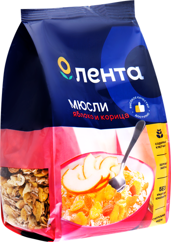 Мюсли хрустящие ЛЕНТА с яблоком и корицей в меду, 400г, крупный план