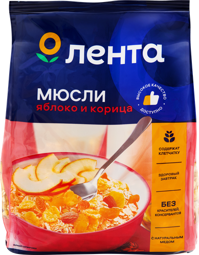 Мюсли хрустящие ЛЕНТА с яблоком и корицей в меду, 400г, картинка