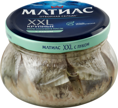 Сельдь САНТА БРЕМОР Матиас XXL отборный филе-кусочки с луком в масле, 260г, фотография