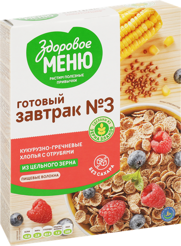 Готовый завтрак ЗДОРОВОЕ МЕНЮ №3, хлопья гречнево-кукурузные с отрубями, 
200г, крупный план