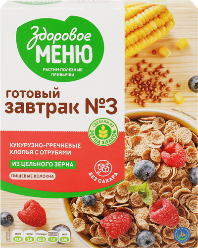 Готовый завтрак ЗДОРОВОЕ МЕНЮ №3, хлопья гречнево-кукурузные с отрубями, 
200г, вид