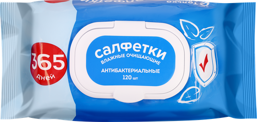 Салфетки влажные 365 ДНЕЙ антибактериальные, с пластиковой крышкой, 120шт, крупный план