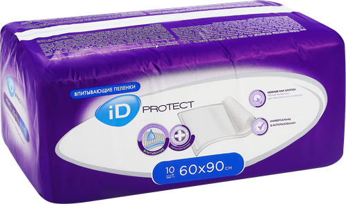 Пеленки впитывающие одноразовые ID Protect 60х90см, 10шт, фото