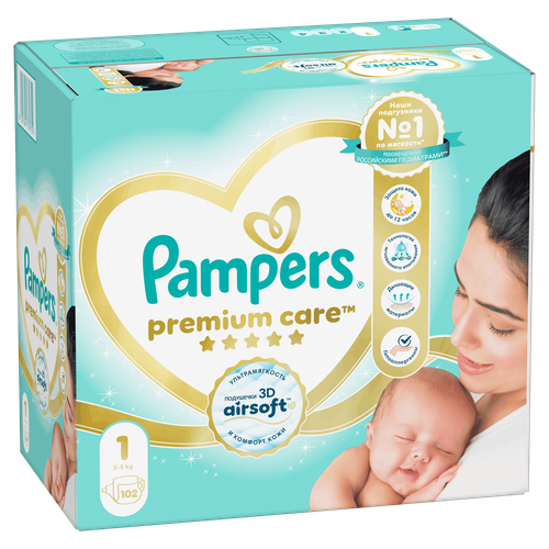 Подгузники PAMPERS Premium Care Newborn 1 2–5кг, 102шт, изображение