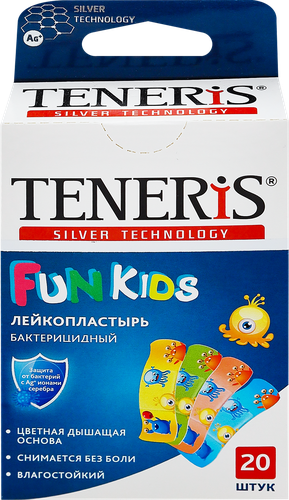 Лейкопластырь бактерицидный TENERIS Fun Kids с рисунками 5,6х1,9см, 20шт, детальное фото