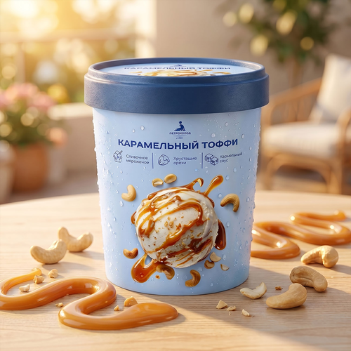 Мороженое ПЕТРОХОЛОД Карамельный тоффи, сливочное ванильное с кусочками кешью и мягкой карамелью 10%, без змж, ведерко, 275г, изображение