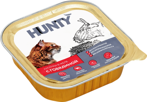 Корм консервированный для взрослых кошек HUNTY с говядиной, кусочки в желе, 100г, фотография