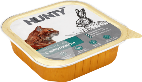 Корм консервированный для взрослых кошек HUNTY с кроликом, кусочки в желе, 100г, фото