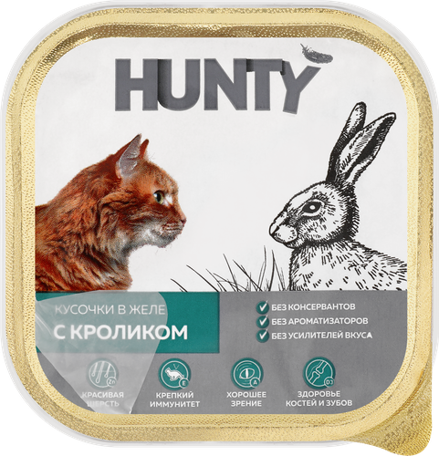 Корм консервированный для взрослых кошек HUNTY с кроликом, кусочки в желе, 100г, крупный план