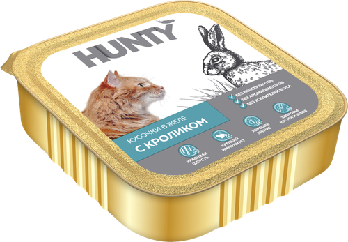 Корм консервированный для взрослых кошек HUNTY с кроликом, кусочки в желе, 100г, детальное фото