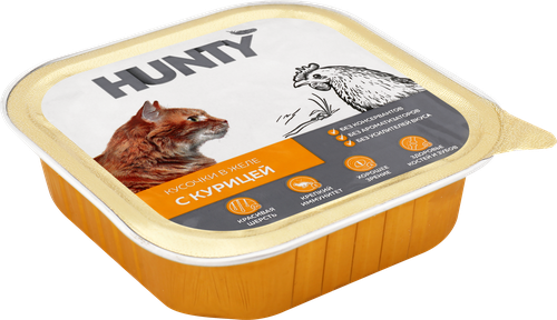 Корм консервированный для взрослых кошек HUNTY с курицей, кусочки в желе, 100г, изображение