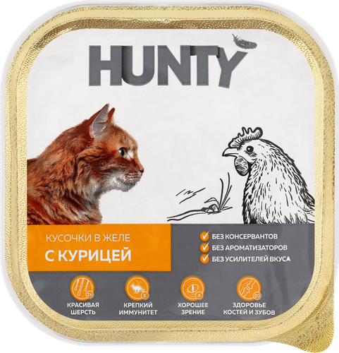Корм консервированный для взрослых кошек HUNTY с курицей, кусочки в желе, 100г, детальное фото
