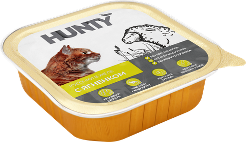 Корм консервированный для взрослых кошек HUNTY с ягненком, кусочки в желе, 100г, крупный план